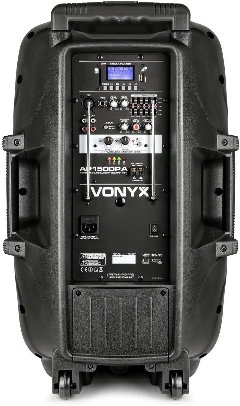 Vonyx AP1500PA - Mobile PA Anlage, Partybox Bluetooth mit Akku, 800 Watt Party Lautsprecher mit Mikr