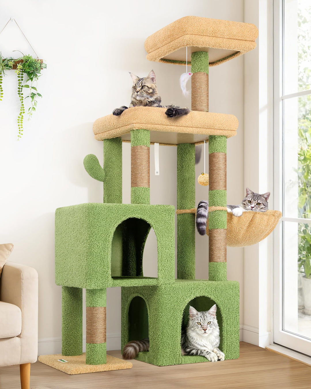 Globlazer Kratzbaum Kaktus Grün mit 2 Katzenhaus, Grosse Gepolsterte Plattform, Sitzstangen, Katzenk