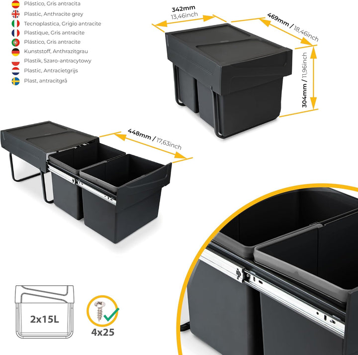 Emuca - Recyclingbehälter für Küche, 2 x 15 L, Bodenbefestigung und Handauszug, Kunststoff, Schwartz