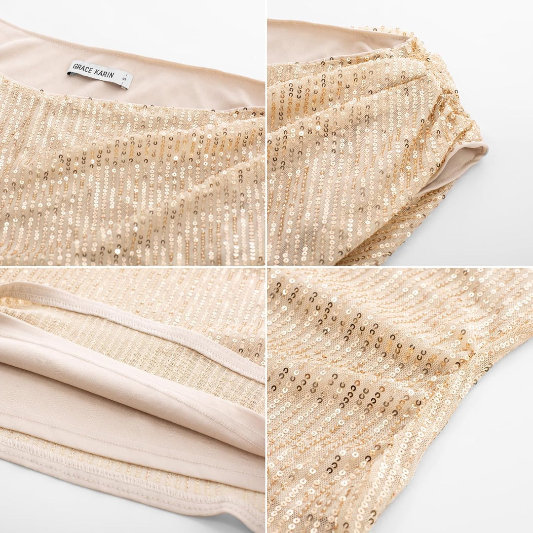 GRACE KARIN Damen Pailletten Oberteil Glitzer Party Tops Festliches Outfit XL Champagner Gold, XL Ch