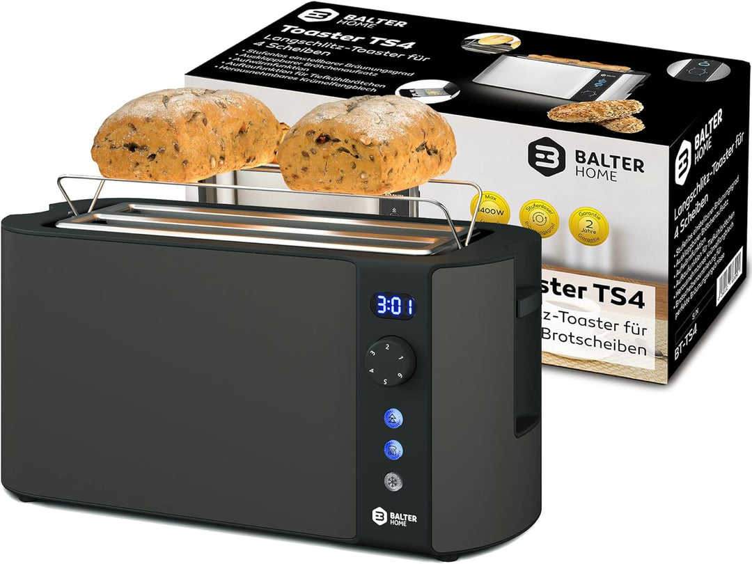 Balter Toaster 4 Scheiben, Langschlitz, Edelstahl, Brötchenaufsatz, LCD Display mit Restzeitanzeige,