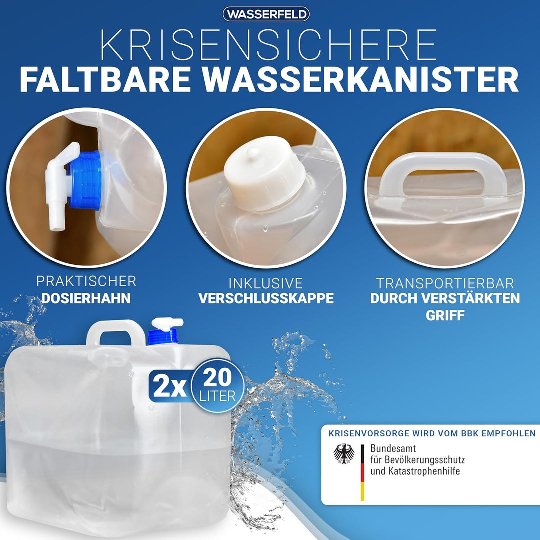 [10L - 20L Wasserkanister Faltbar inkl. auslaufsicherem Dosierhahn & Tragehenkel - Robuster Trinkwas