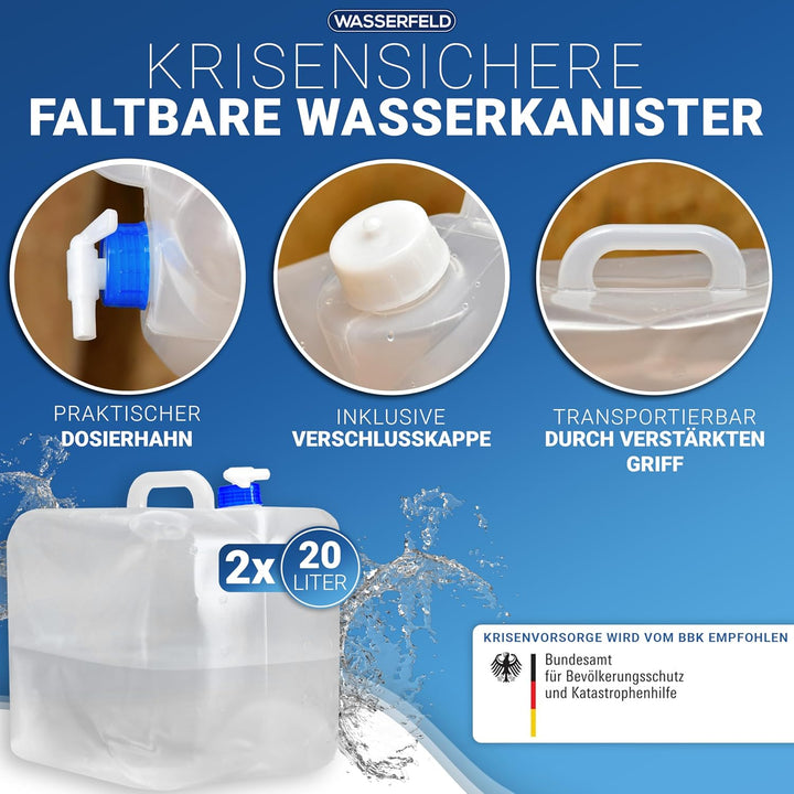 [10L - 20L Wasserkanister Faltbar inkl. auslaufsicherem Dosierhahn & Tragehenkel - Robuster Trinkwas