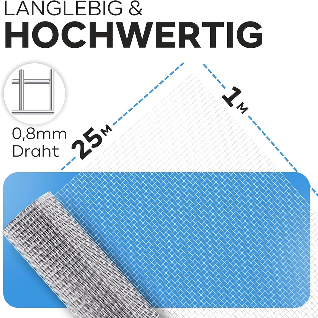 KrapTrap Volierendraht Drahtgitter feinmaschig I verzinkt I 8x8 mm I 25m x 1m I Wühlmausgitter Mäuse