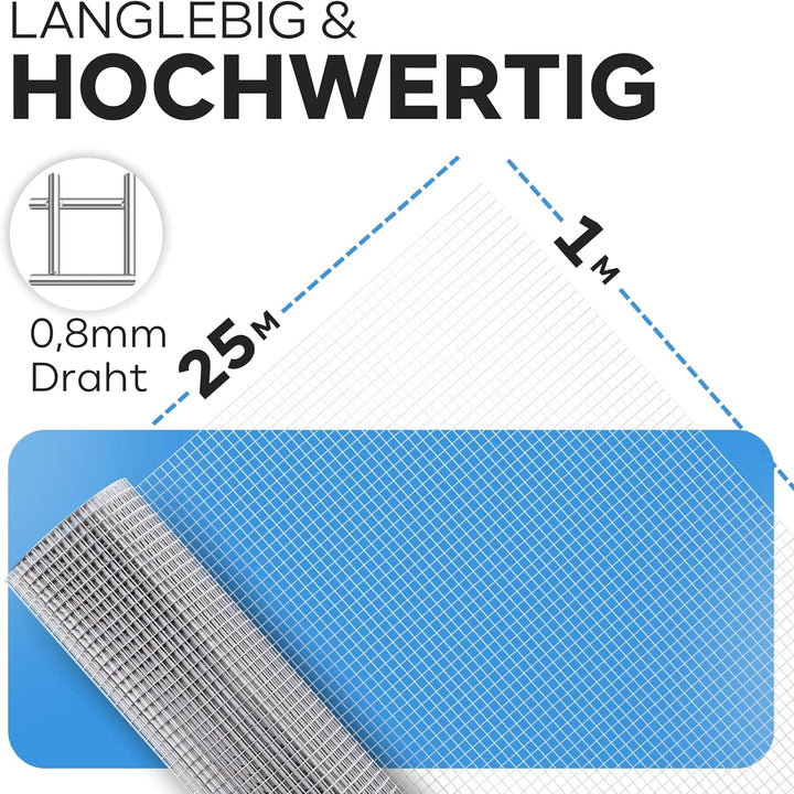 KrapTrap Volierendraht Drahtgitter feinmaschig I verzinkt I 8x8 mm I 25m x 1m I Wühlmausgitter Mäuse
