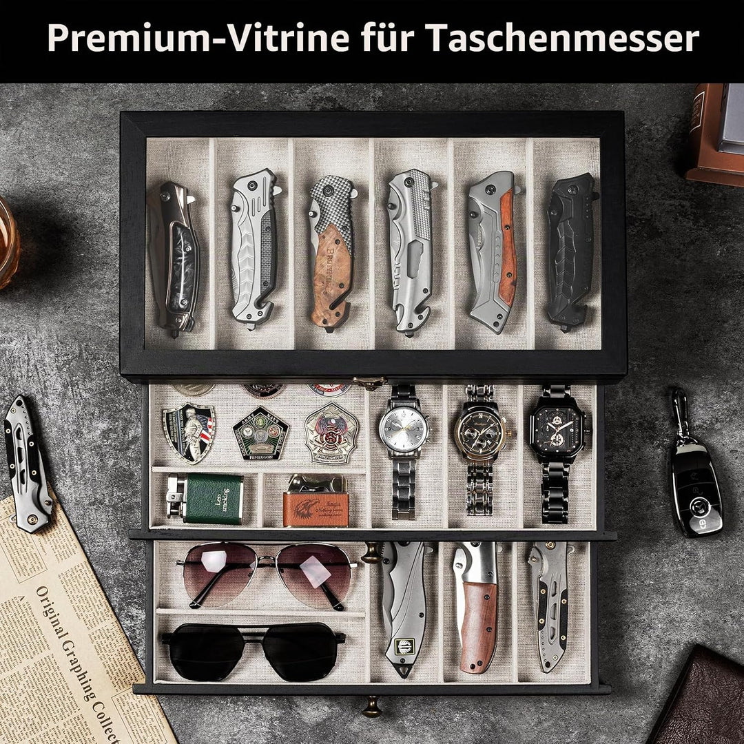 Messerhalter, 3-stöckige Messerständer, Messer-Vitrine für Messersammlungen mit transparentem Deckel
