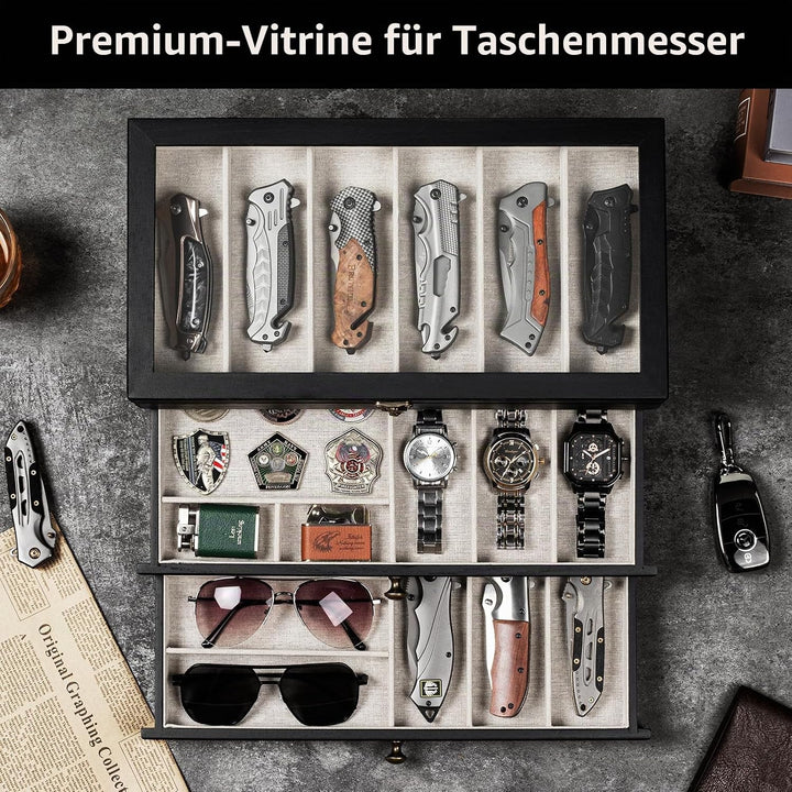 Messerhalter, 3-stöckige Messerständer, Messer-Vitrine für Messersammlungen mit transparentem Deckel