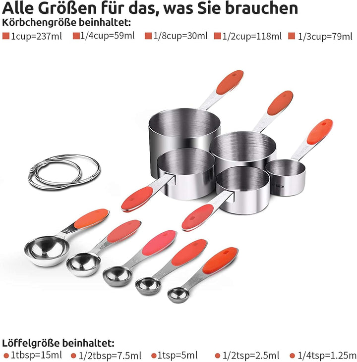 Messbecher: U-Taste 18/8 Edelstahl Messbecher und Messlöffel Set mit 10 Stück, Griff mit Verbesserte