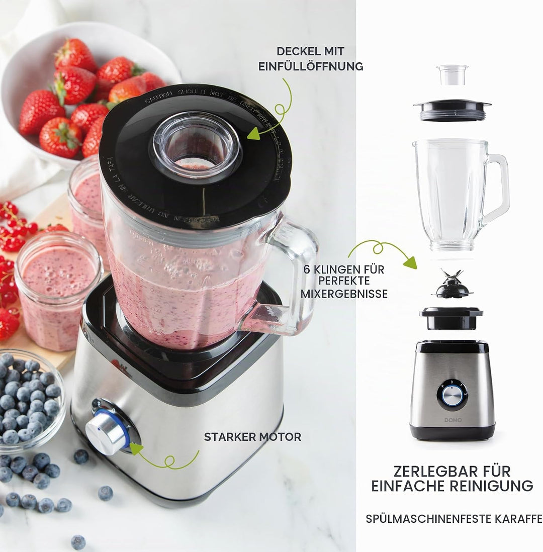 DOMO DO1133BL Standmixer Edelstahl - Geeignet zum Mixen, Blenden, Zerkleinern und Eis crushen - Puls