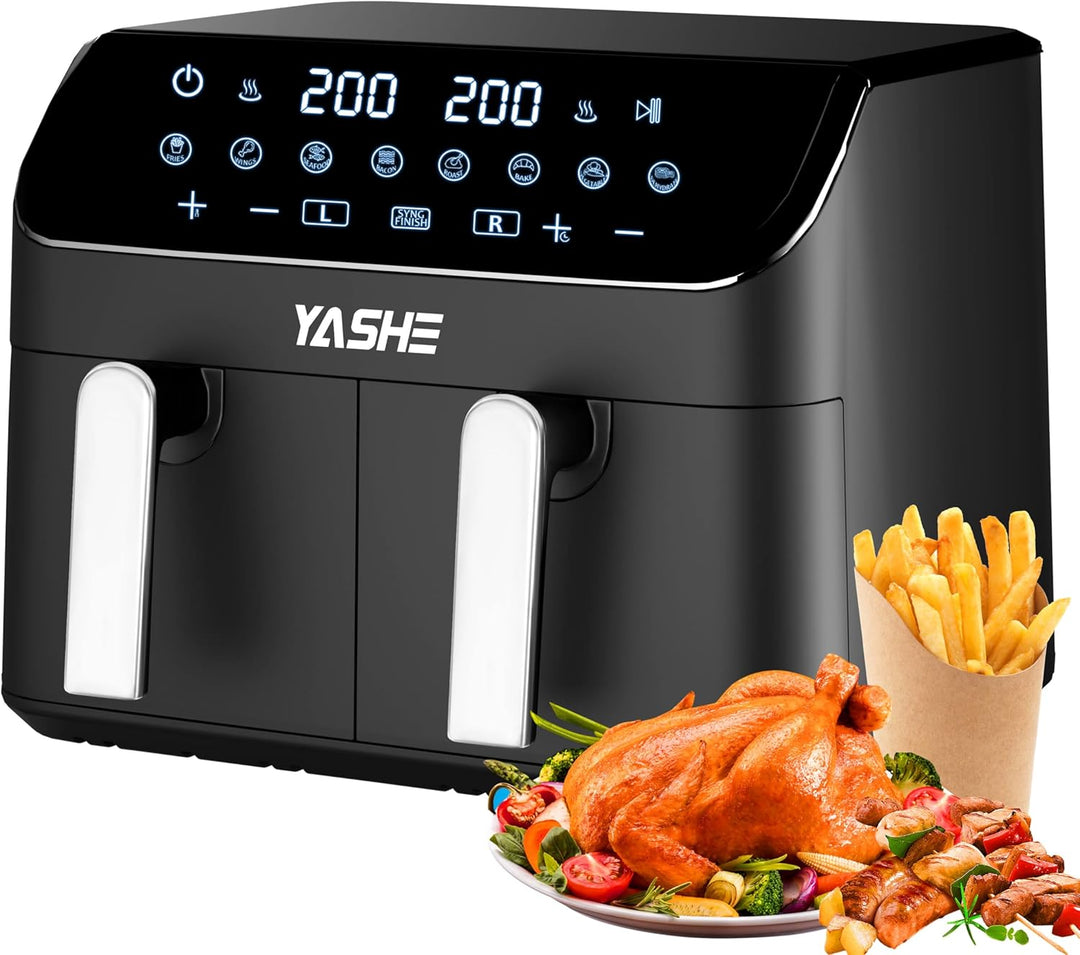 YASHE Dual Zone Heissluftfritteuse, 9L XL Kapazität Doppel-Airfryer mit Digital Control, 8-in-1 Koch
