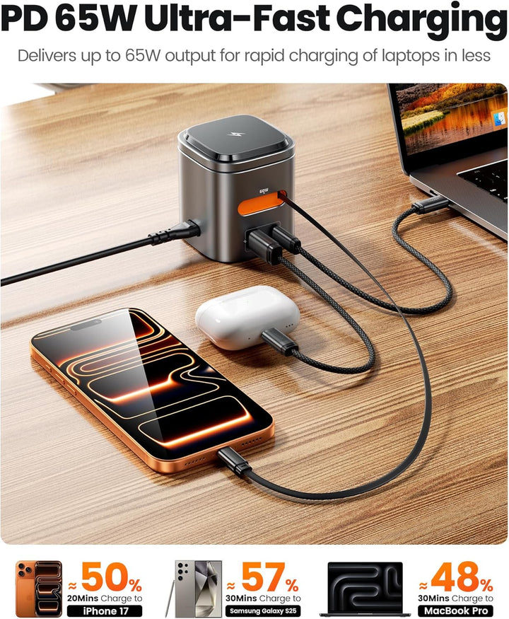 toocki USB C Ladegerät, 6Port GaN Ladestation mit Schnell Einziehbares Ladekabel und Mag.Safe Ladege