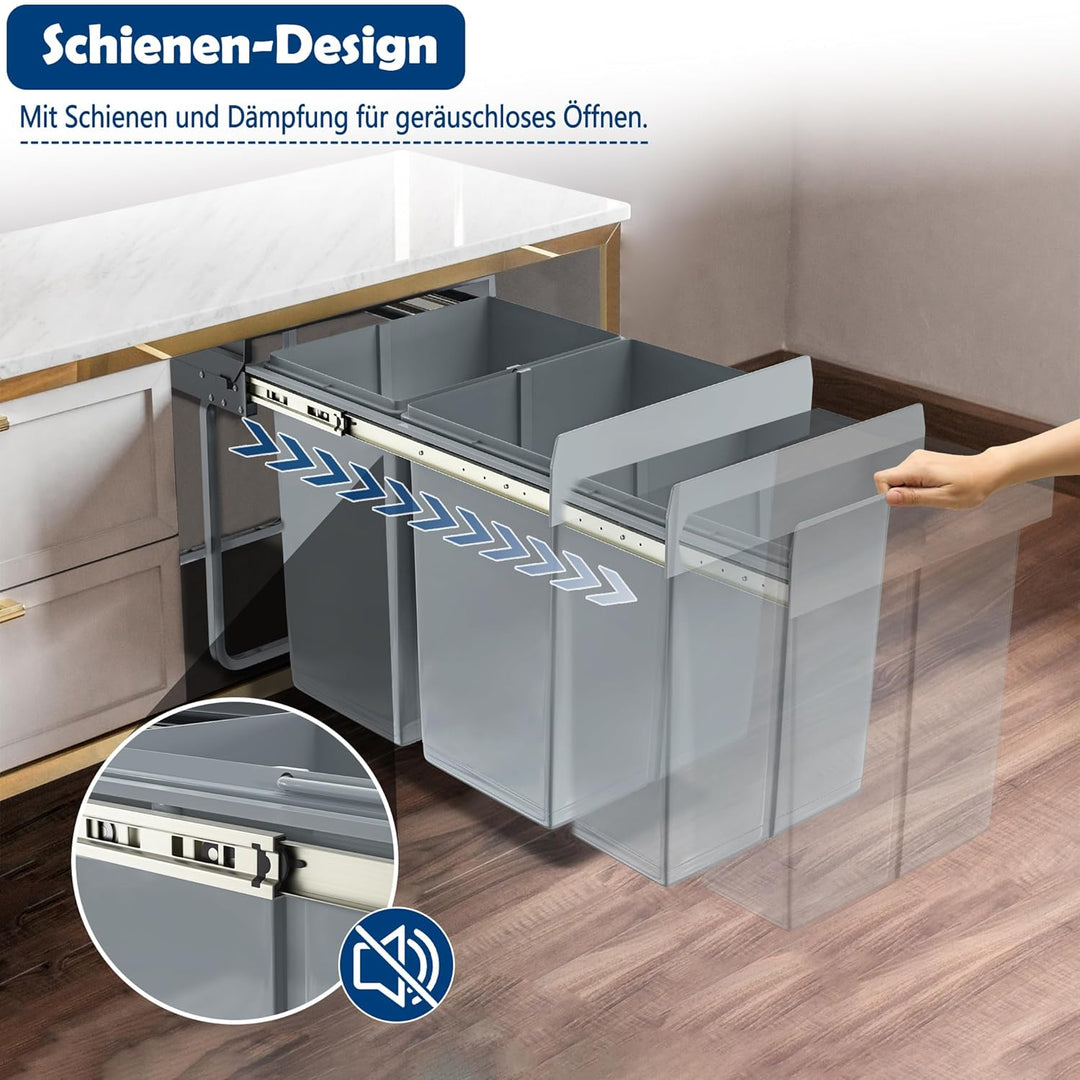 Grau 2 x 20L Einbaumülleimer Mülltrennsystem Ausziehbar Mehrfachbehälter Abfallsammler Schrankmüllei