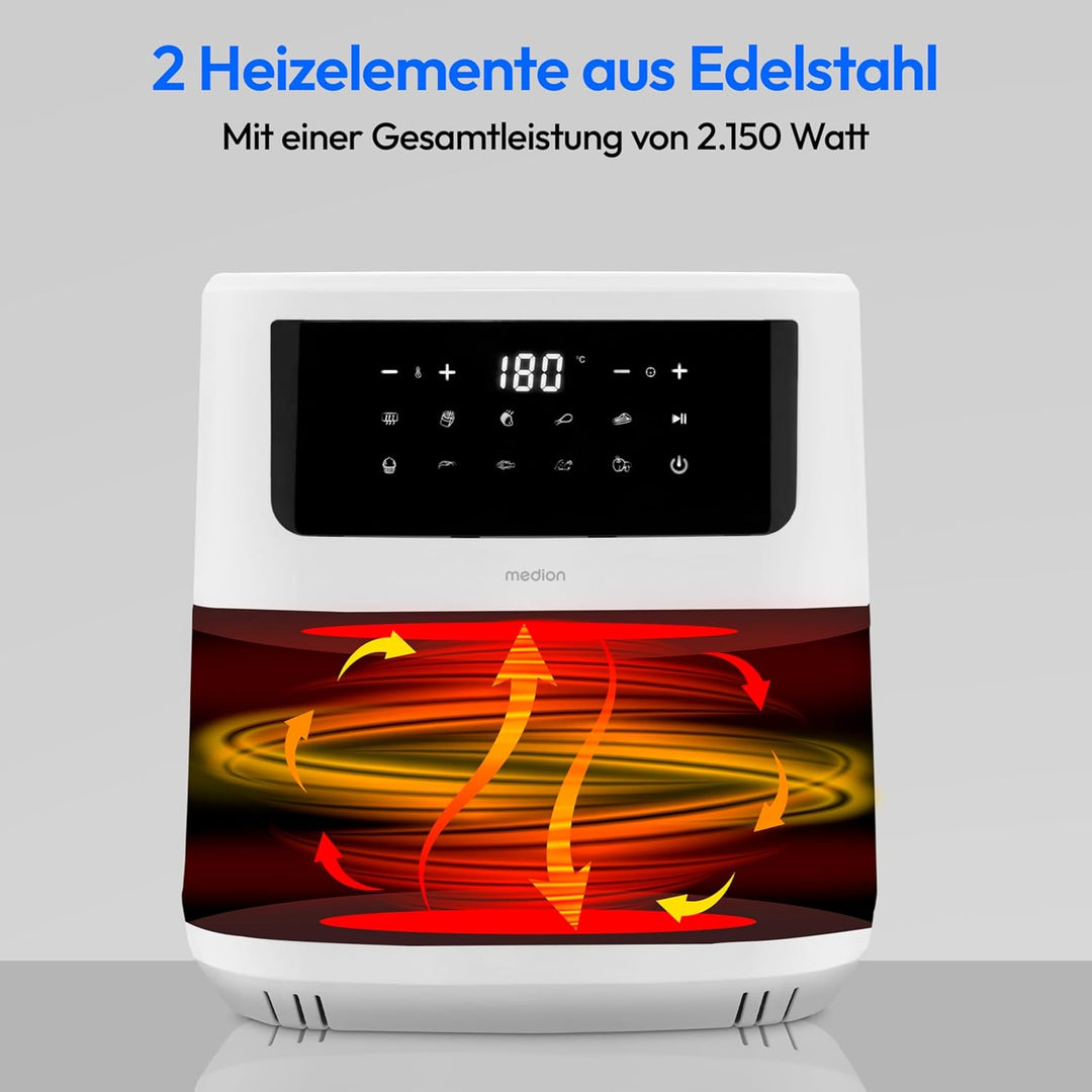 MEDION P10 XL Heissluftfritteuse (6,8 Liter XXL Frittierkorb, 2.150 Watt, zwei Heizelemente aus Edel