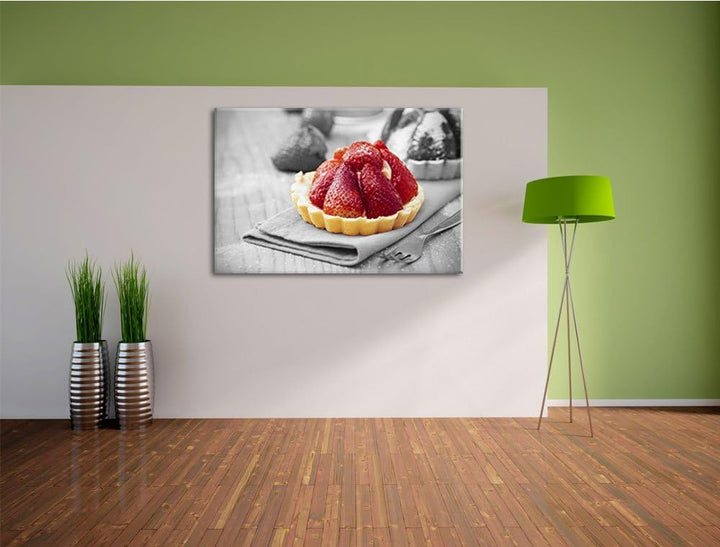 Süsses Erdbeertörtchen schwarz/weiss Format: 100x70 cm auf Leinwand, XXL riesige Bilder fertig gerah