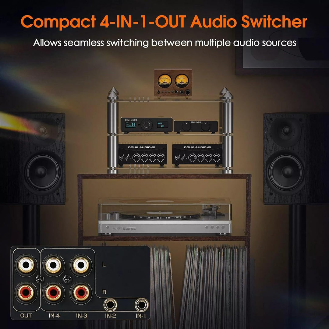 4-IN-1-OUT Audio Umschalter Stereo-Vorverstärker mit VU-Meter und Fernbedienung