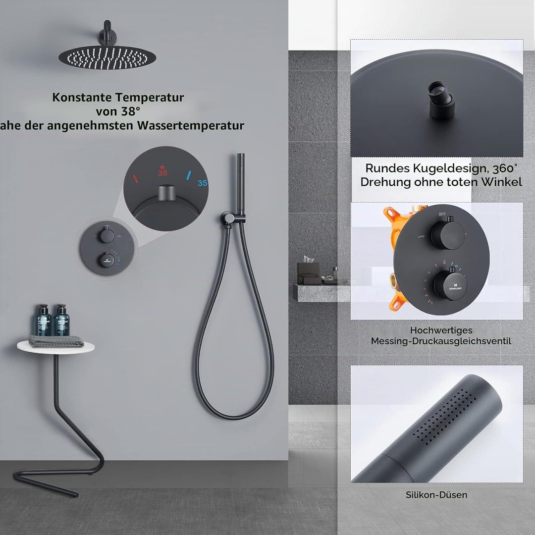 HOMELODY Schwarz Duscharmatur Regendusche Unterputz Duschsystem mit Thermostat,Unterputz Duscharmatu
