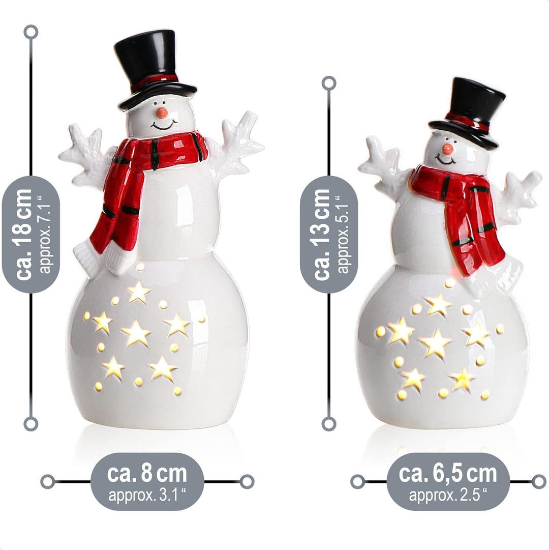 COM-FOUR® 2X LED Schneemann als dekorative Beleuchtung - Lichterstatue - Weihnachtsfigur aus Keramik