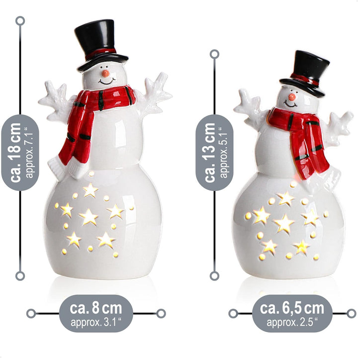 COM-FOUR® 2X LED Schneemann als dekorative Beleuchtung - Lichterstatue - Weihnachtsfigur aus Keramik