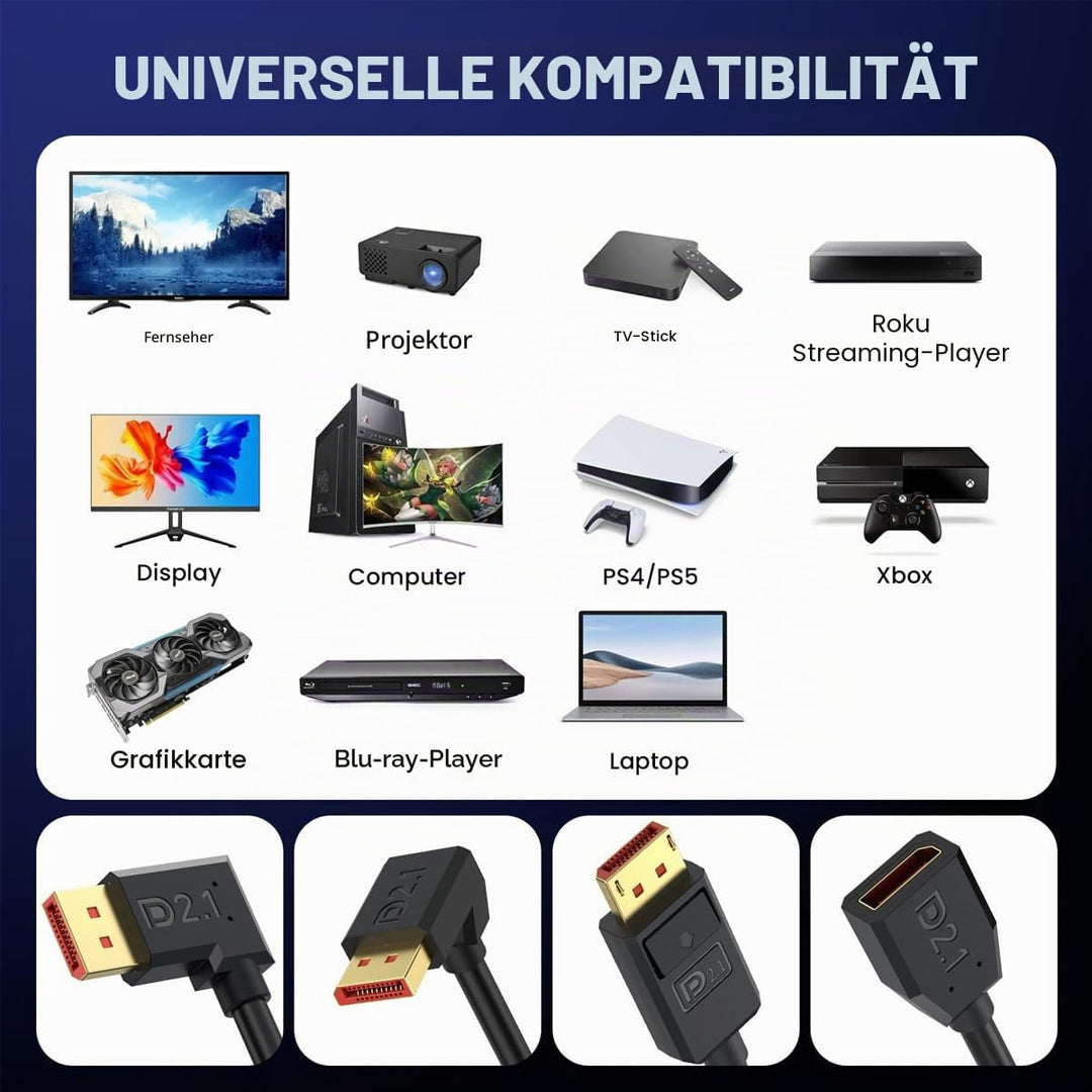 16K DisplayPort 2.1 Verlängerungskabel, 90 Grad Rechtwinkel DP männlich zu weiblich Kabel 52Gbps Unt