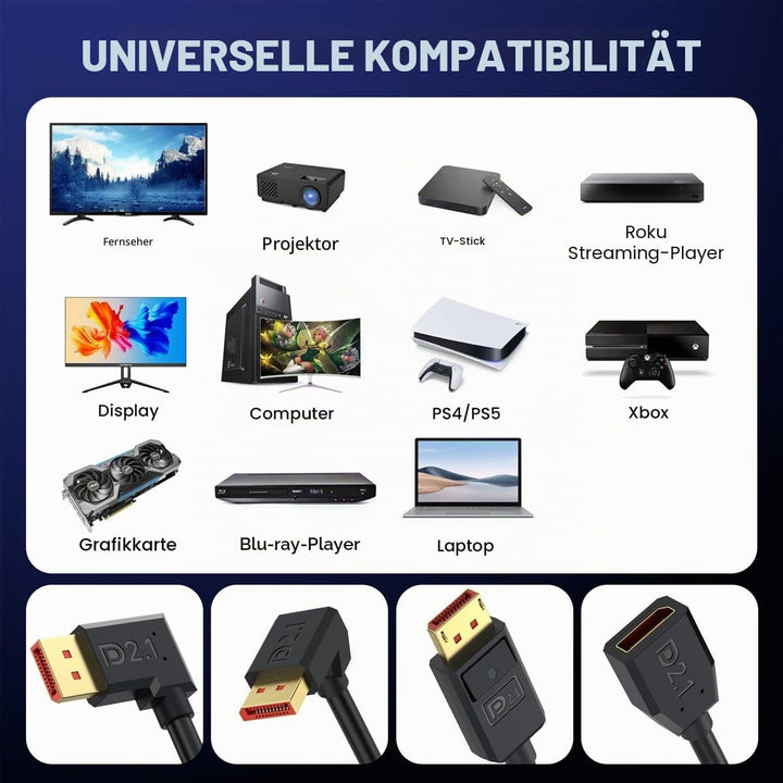 16K DisplayPort 2.1 Verlängerungskabel, 90 Grad Rechtwinkel DP männlich zu weiblich Kabel 52Gbps Unt