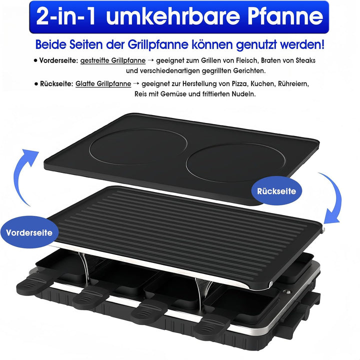 2-in-1 Raclette Grill, Raclette 8 Personen, 1300W Elektrogrill mit 1 Umkehrbarer Antihaft Grillplatt