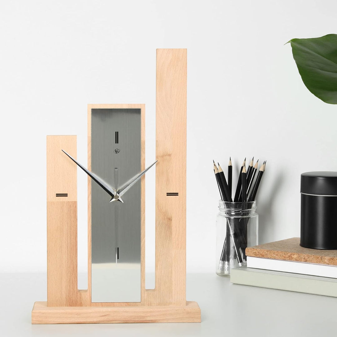Kreative Feder Designer-STANDUHR „Stairs“ aus Massivholz – analoge TISCHUHR ohne Tickgeräusche (leis