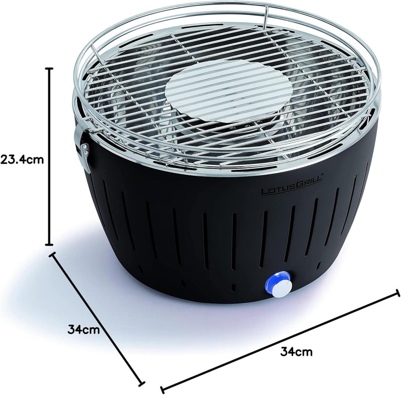 LotusGrill Starter-Set Classic 1x Grill Anthrazitgrau mit USB-Anschluss, 1x Buchenholzkohle 2,5 kg,