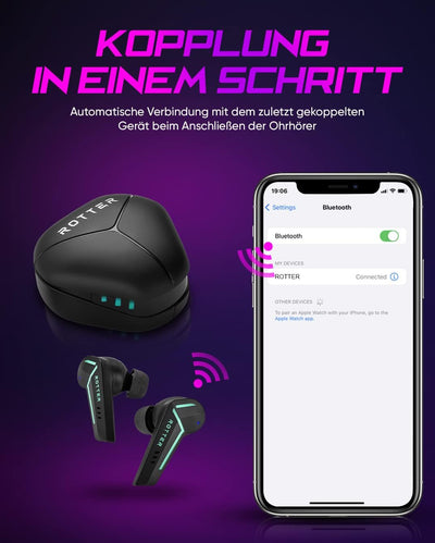 ROTTER® Kabellose Bluetooth Mobile Gaming Kopfhörer, Extrem Niedrige Latenz von 50 ms, Bluetooth 5.3