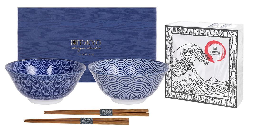 TOKYO design studio Nippon Blue 2-er Schalen-Set blau-weiss, Ø 15 cm, ca. 500 ml, asiatisches Porzel