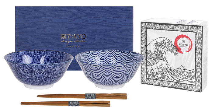 TOKYO design studio Nippon Blue 2-er Schalen-Set blau-weiss, Ø 15 cm, ca. 500 ml, asiatisches Porzel
