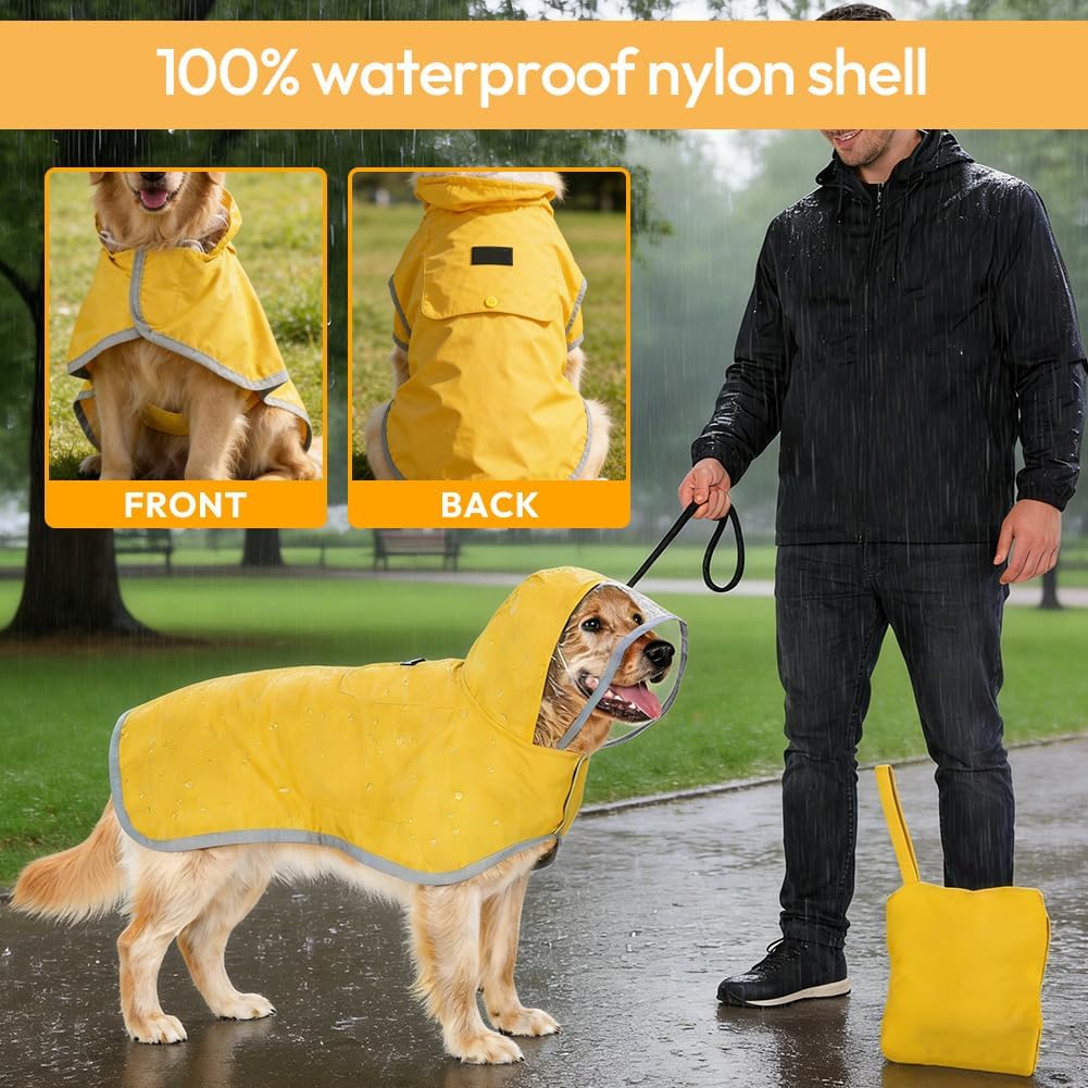 Hunderegenmantel, Wasserdichter Regenmantel für Hunde mit Kapuze & Reflektierende Streifen, Verstell