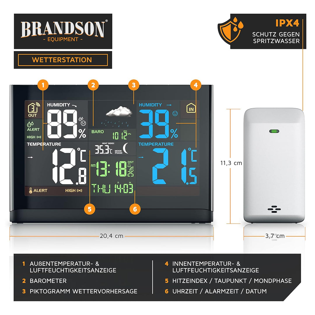 Brandson Funk Wetterstation mit Farbdisplay - mit Aussensensor - DCF Empfangssignal Funkuhr - Innen-