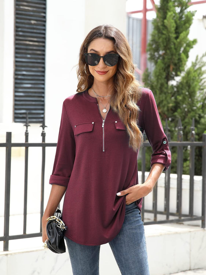 Siddhe Damen V-Ausschnitt Bluse 3/4 Ärmel Tunika Reissverschluss Langshirt Langarm Hemd Tops T-Shirt