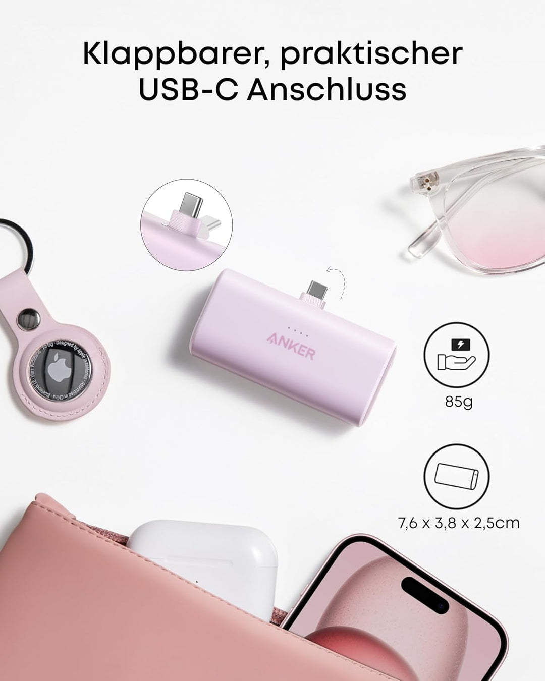Anker Nano Powerbank, 5000mAh Powerbank 22,5W, Integrierter Faltbarer USB-C Konnektor, Kompatibel mi