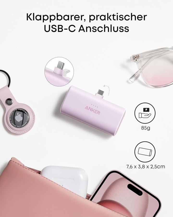 Anker Nano Powerbank, 5000mAh Powerbank 22,5W, Integrierter Faltbarer USB-C Konnektor, Kompatibel mi