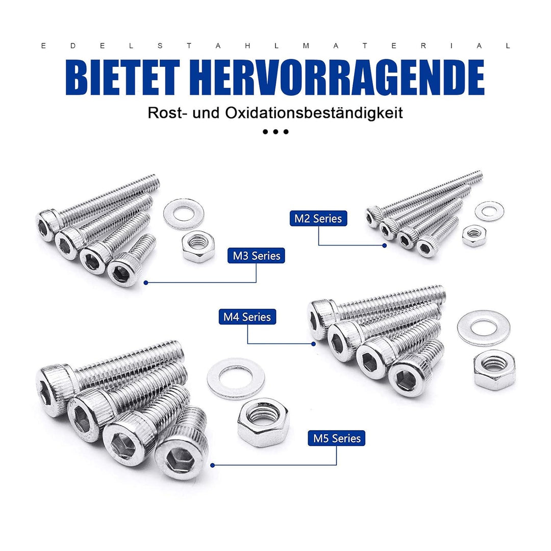 880Pcs M2 M3 M4 Edelstahl-Sechskopf-Knopf Schrauben Schrauben Muttern und Unterlegscheiben Sortiment