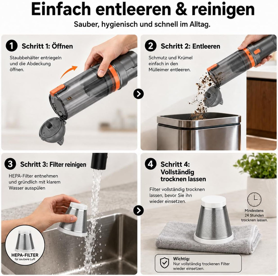 Handstaubsauger, 16000Pa Akku Autostaubsauger mit Bürstenlosem Motor, 3-Stufen Mini Staubsauger mit