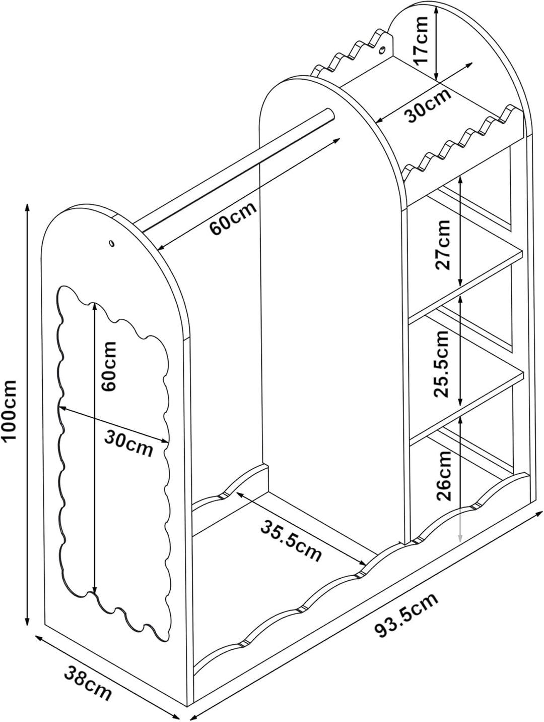 [en.casa] Kindergarderobe stehend Vestnes Kinder Kleiderschrank mit Spiegel und Kleiderstange 100 x
