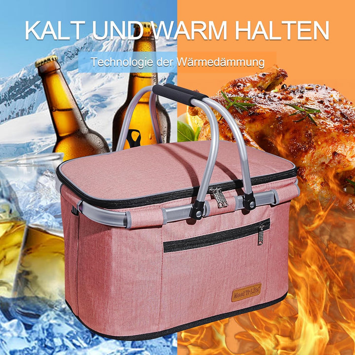 ABIUBIU 34L Kühltasche Einkaufskorb Picknickkorb Grosse isolierte Kühlkorb Lunchtasche Thermo Tasche
