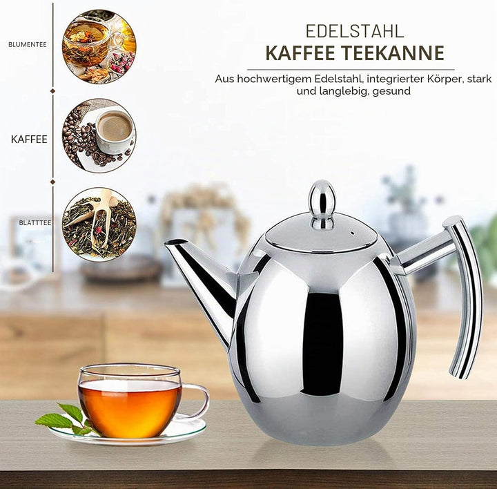 1L Edelstahl Teekanne Silber, Teekanne mit Aufguss für losen Tee Kaffeekanne Teekessel für Herdplatt