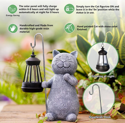 Yeomoo Katze Gartenfiguren für Aussen mit Solar Laterne – Lustig Wasserdicht Solarlampe Figur Garten