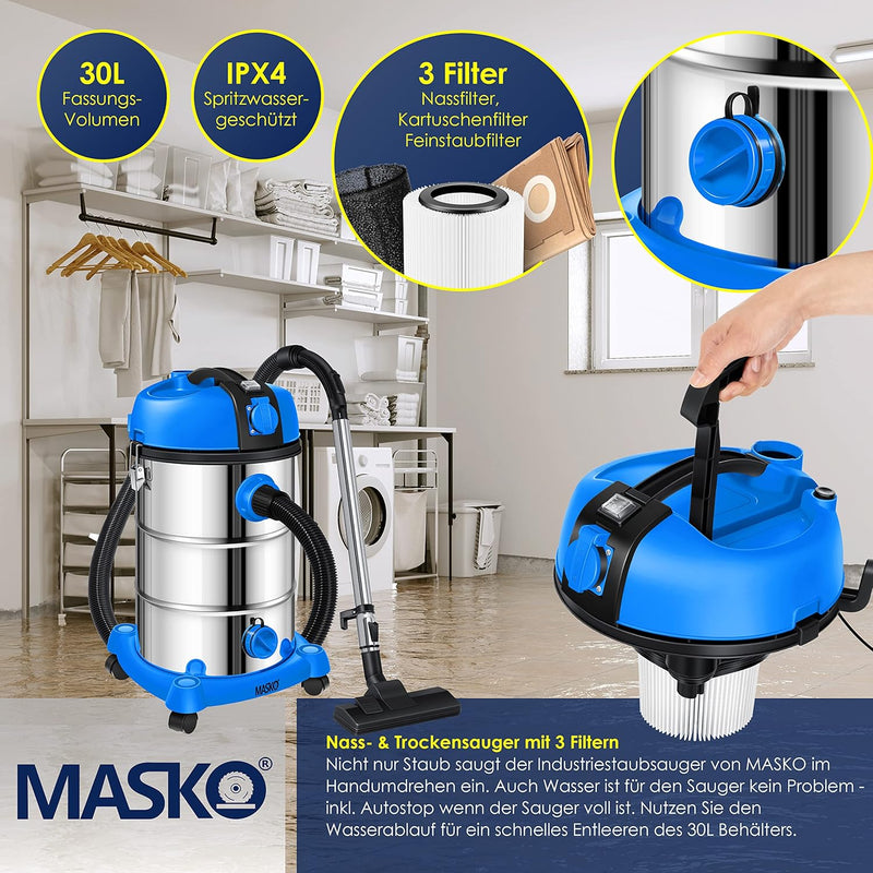 MASKO® Industriestaubsauger Staubsauger Nass Trocken Sauger Edelstahl 2300W + Steckdose | Blasfunkti