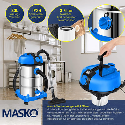 MASKO® Industriestaubsauger Staubsauger Nass Trocken Sauger Edelstahl 2300W + Steckdose | Blasfunkti