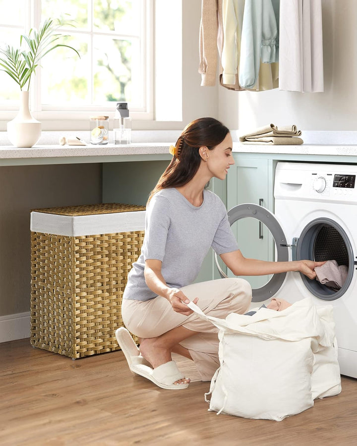 SONGMICS Wäschekorb mit Deckel, Wäschesammler 90 Liter, 2 Fächer, herausnehmbarer Wäschesack mit Gri