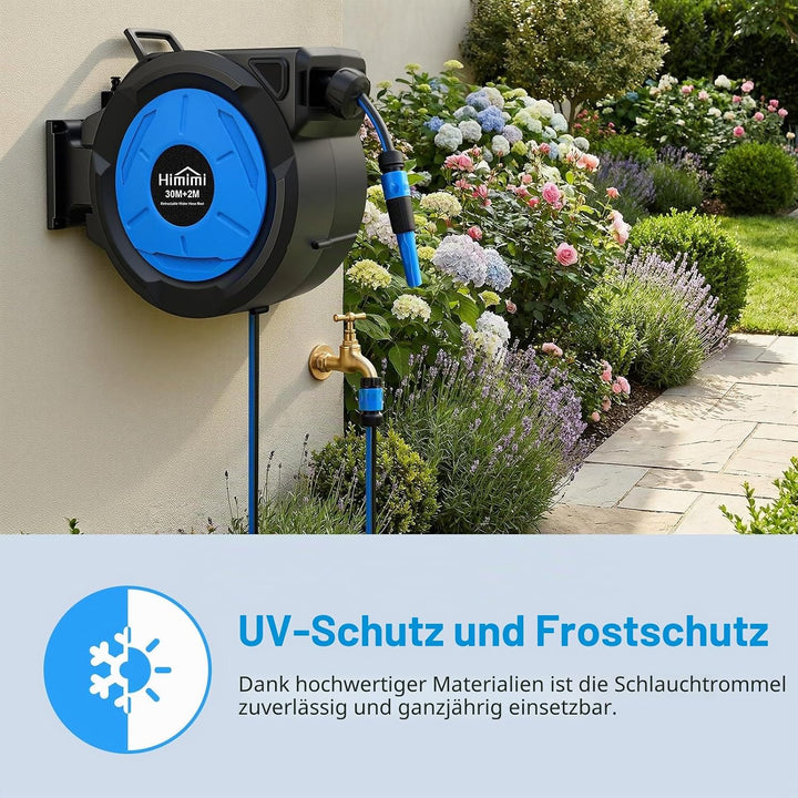 Himimi Ausziehbare Wand-Schlauchtrommel, 30 m + 2 m 1/2-Zoll-Schlauch, automatische Schlauchaufrolle