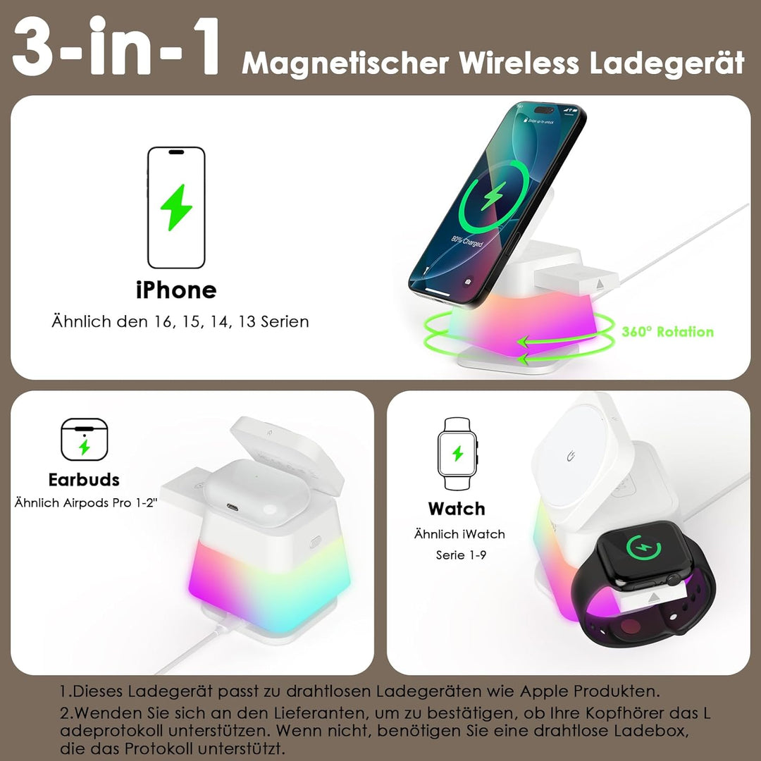Minthouz 3-in-1 MagSafe Ladestation mit Nachtlicht, Induktive Ladestation für Apple Watch und iPhone