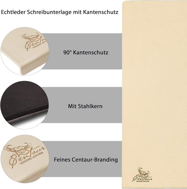 Centaur - Hochwertige Leder Schreibtischunterlage mit 90° Kantenschutz - Champagner Beige 55x80 cm -