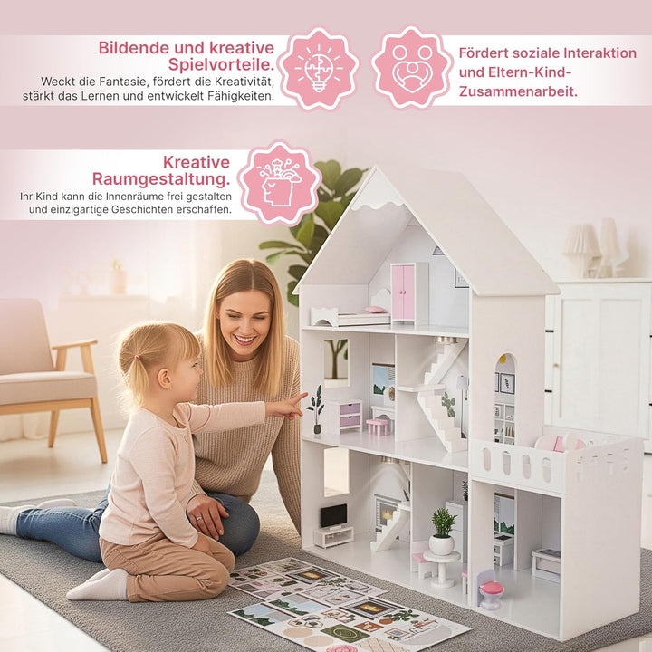 Barbie Puppenhaus Holz gross 118 cm – Kinderplay 3-stöckiges Puppenhaus für Kinder mit Möbeln, LED L