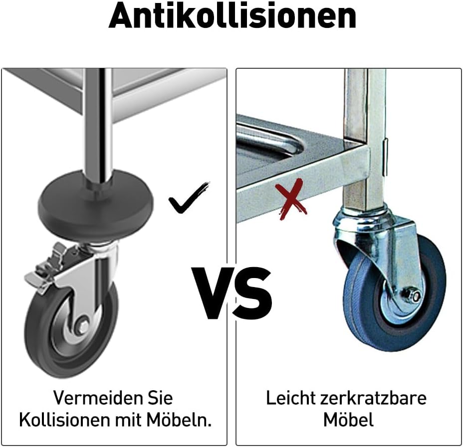 Edelstahl servierwagen mit Rollen küchenwagen auf runder Griff,rollwagen für Restaurants Mit 4-Brems