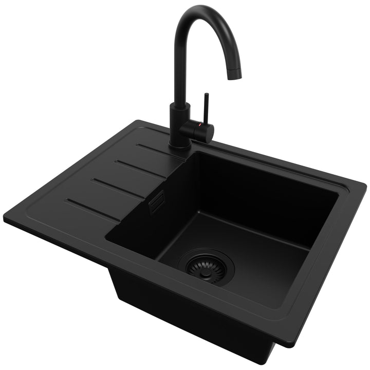 PRIMAGRAN Granitspüle Alles Schwarz 55x44cm, Spülbecken 1 Becken + Küchenarmatur 32x20cm + Ablauf-Se